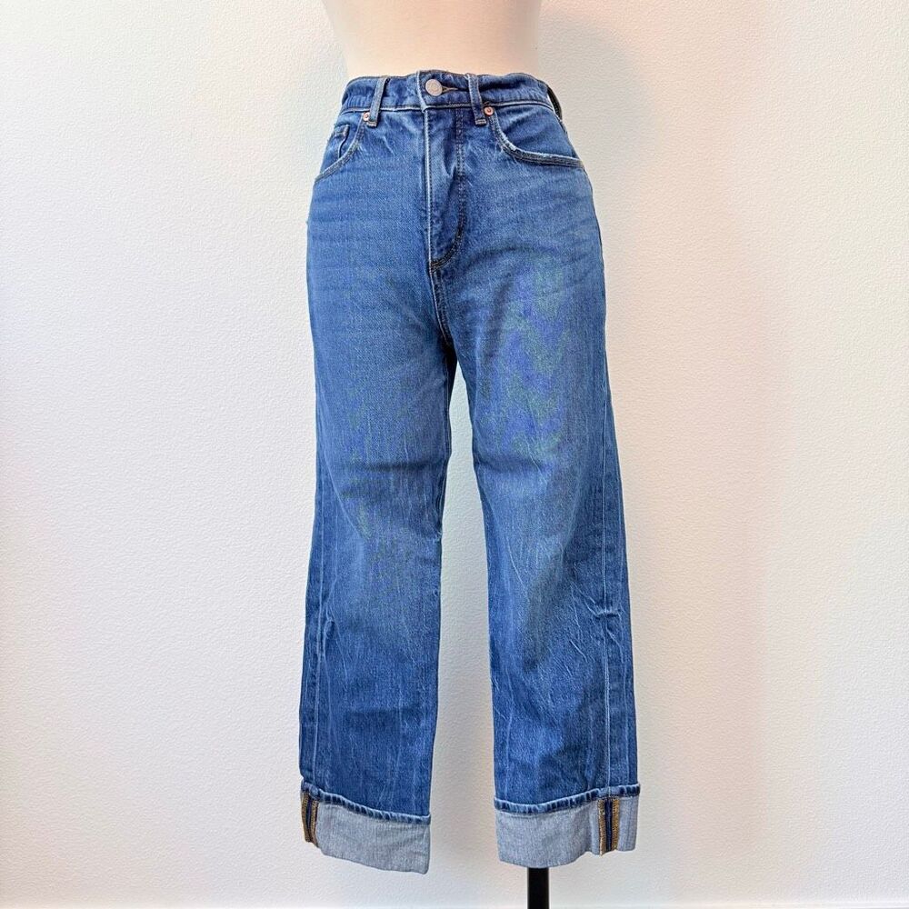 Loft Cuffed Cropped Straight Leg High Rise Jeans Denim Capri 0 25 Blue Dark Wash